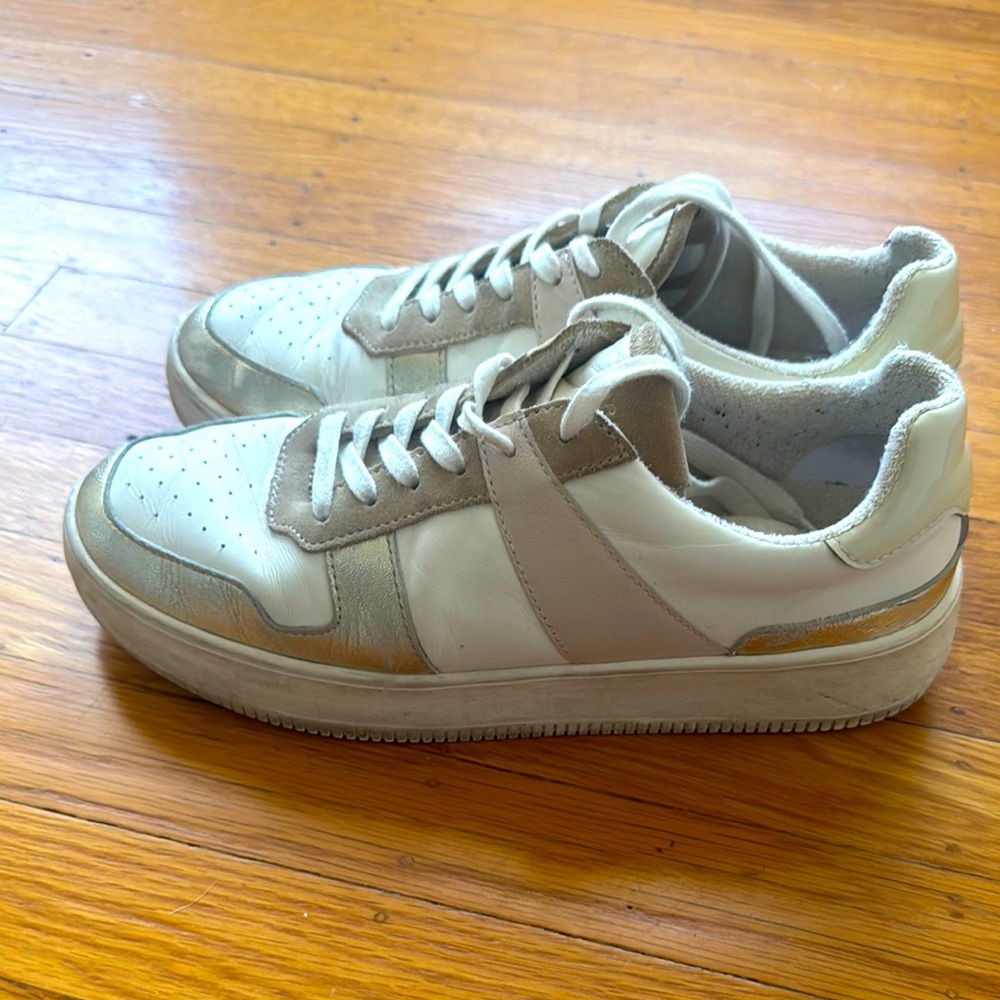 Well loved Reiss Leather Gold, Silver, and Pink sneakers